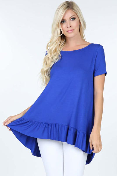 Short sleeve boat neck ruffle hem tunic top