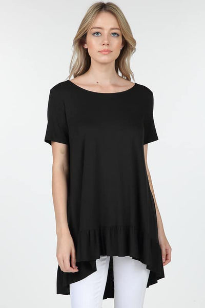 Short sleeve boat neck ruffle hem tunic top