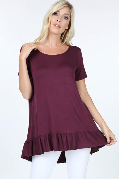 Short sleeve boat neck ruffle hem tunic top