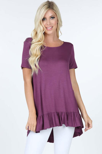 Short sleeve boat neck ruffle hem tunic top