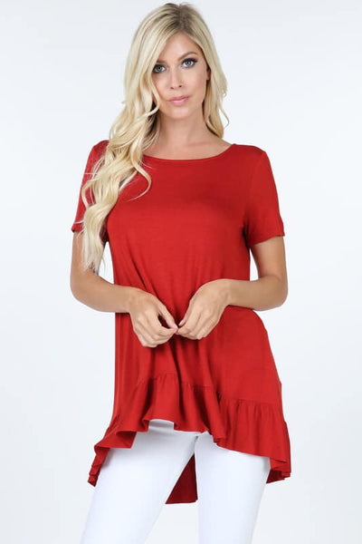 Short sleeve boat neck ruffle hem tunic top